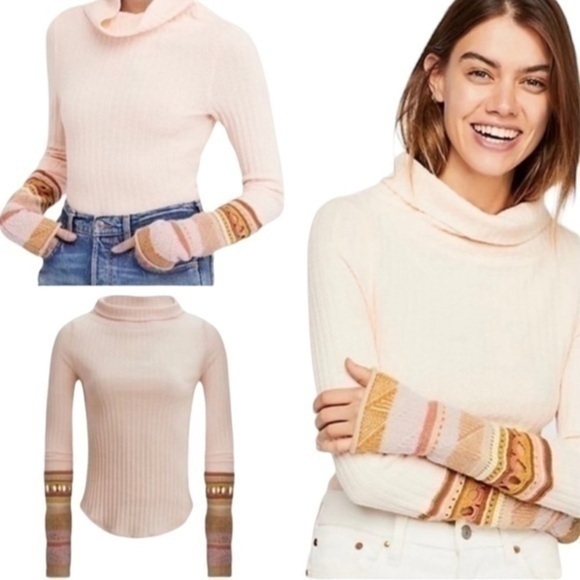 Free People Women’s Size S Pale Peach Pink Mixed Up Cuff Thermal Turtleneck Top - Picture 1 of 10